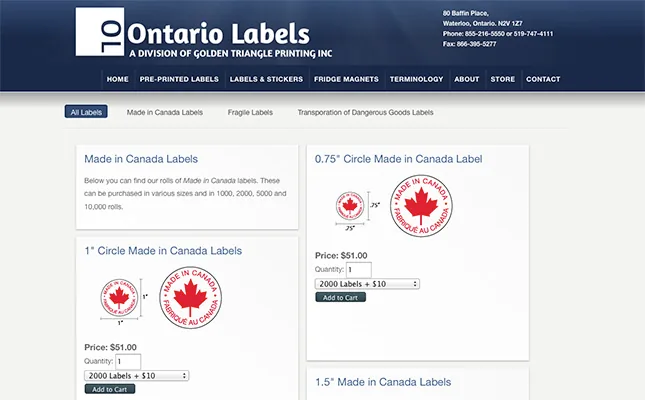 Ontario Labels Website E-commerce Store project screenshot